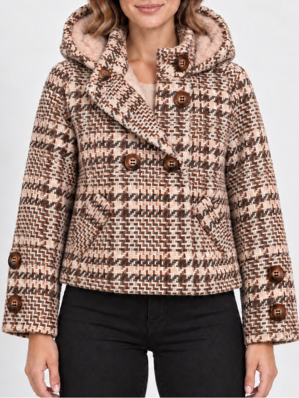 MISS ME PLAID TWEED DOUBLE-BREASTED REMOVABLE HOODED JACKET |  SIZE SMALL